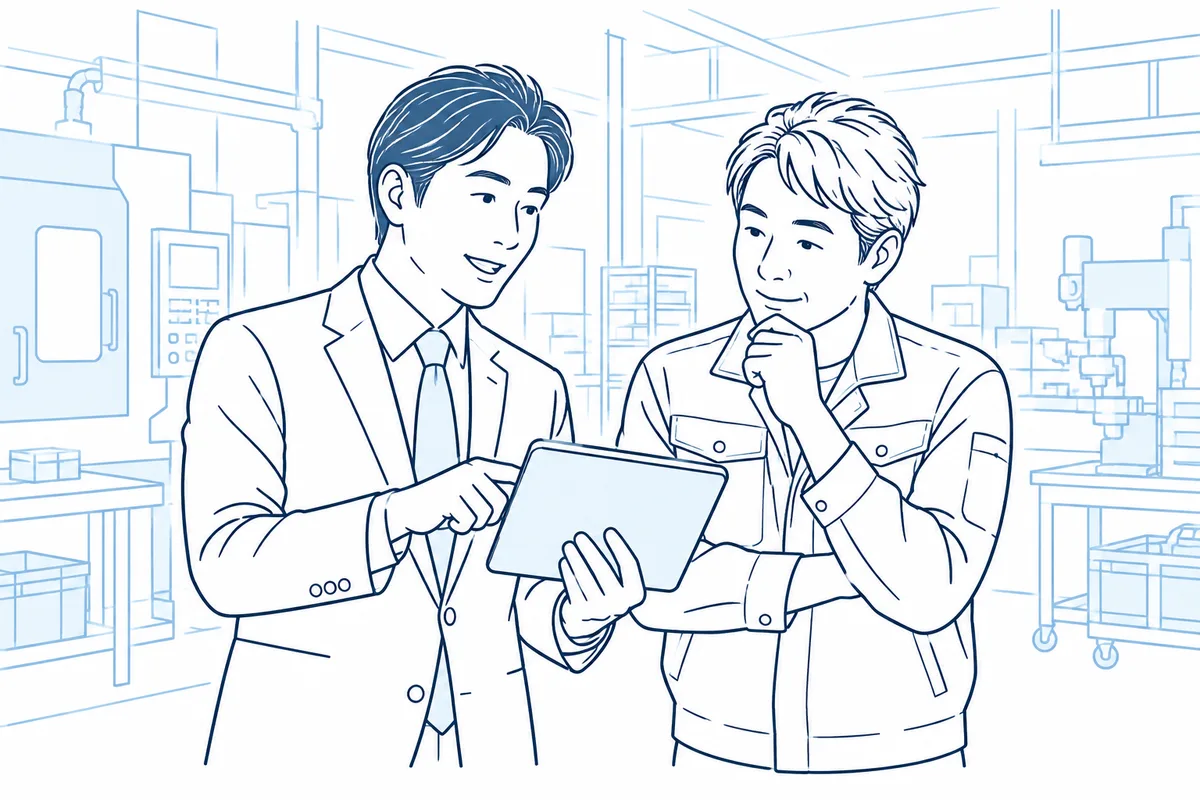 タブレットの画面を見せながら現場の人と話す支援者