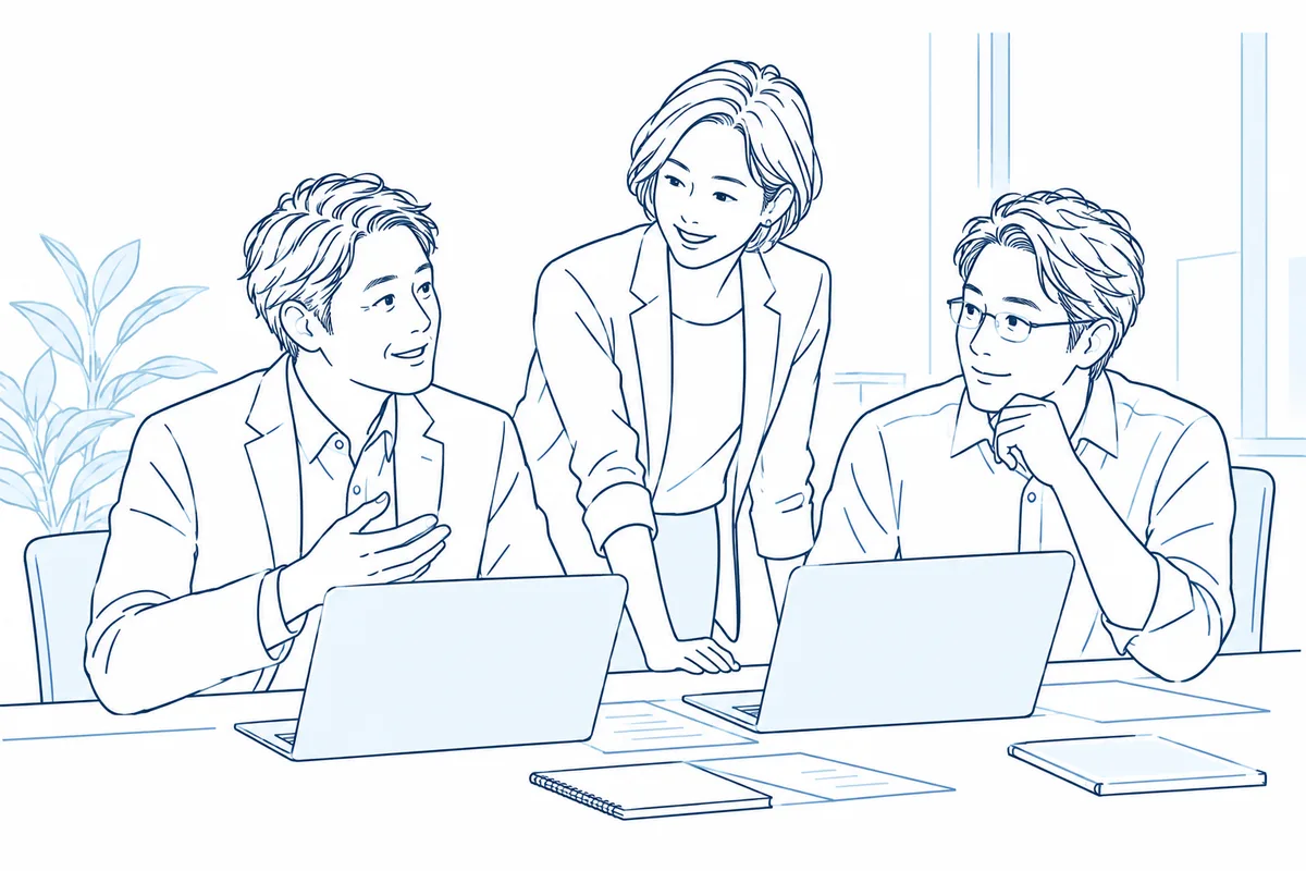 PCを囲んで共同作業する3人