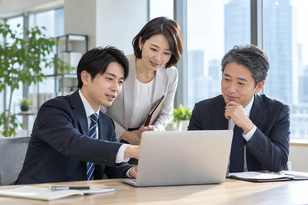 オフィスでPC画面を見ながら打合せする人々
